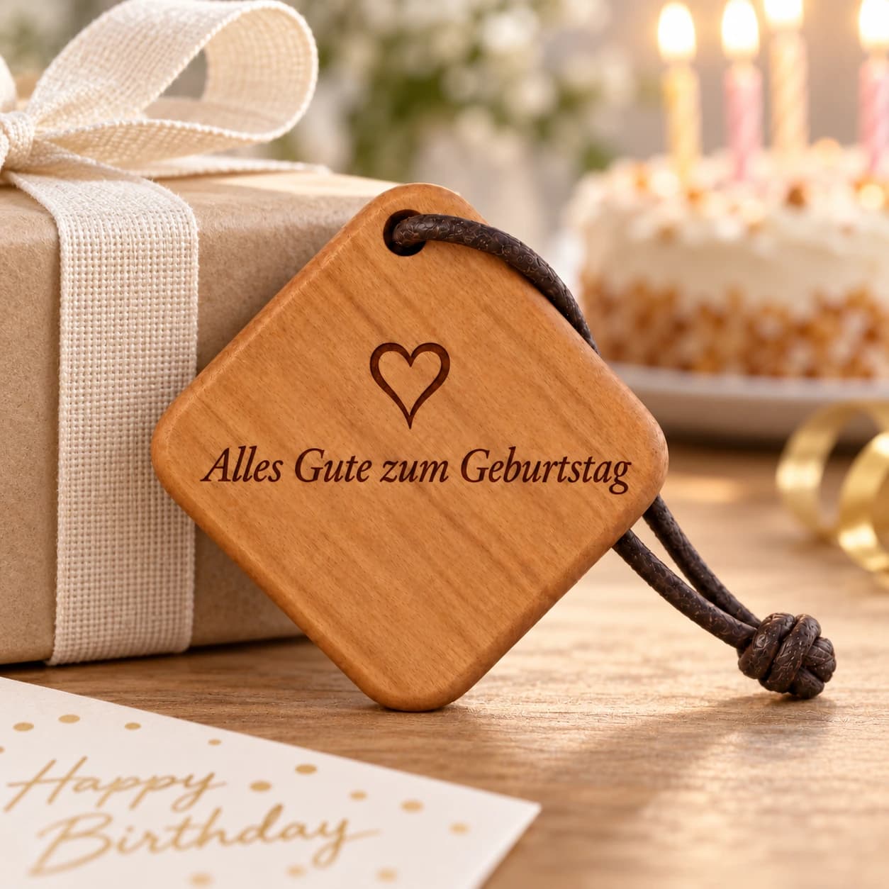 Quadro Holz-Schlüsselanhänger mit Gravur – Zum Geburtstag – Weitere Anlassszene