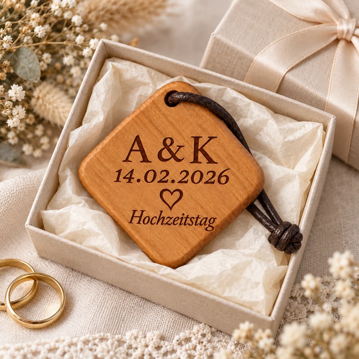Quadro Holz-Schlüsselanhänger mit Gravur – Zum Hochzeitstag – Geschenkpräsentation