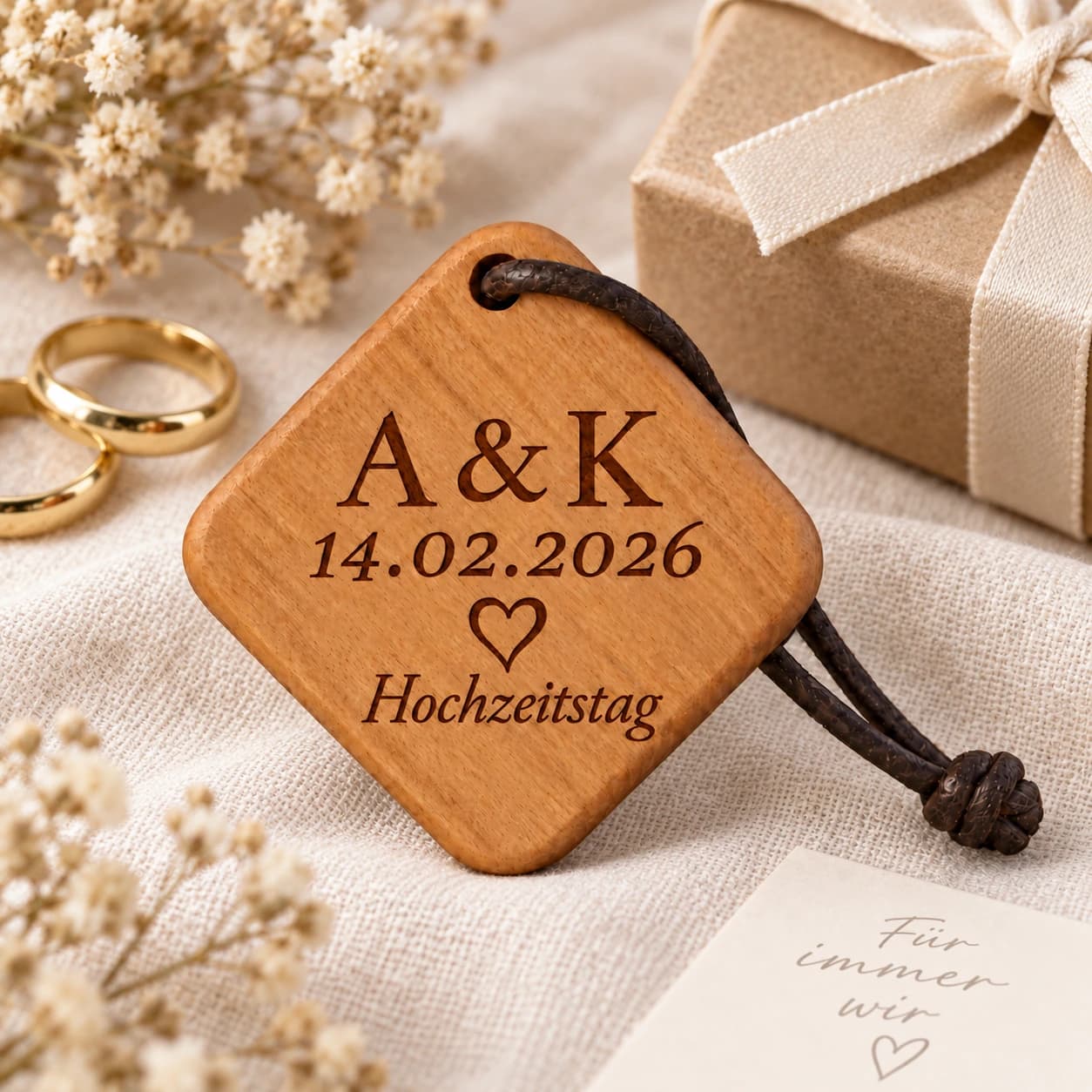 Quadro Holz-Schlüsselanhänger mit Gravur – Zum Hochzeitstag – Weitere Anlassszene