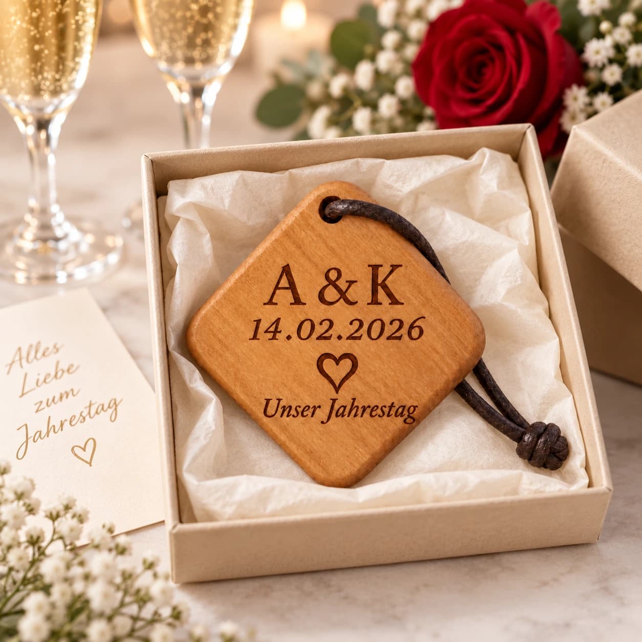 Quadro Holz-Schlüsselanhänger mit Gravur – Zum Jahrestag – Geschenkpräsentation
