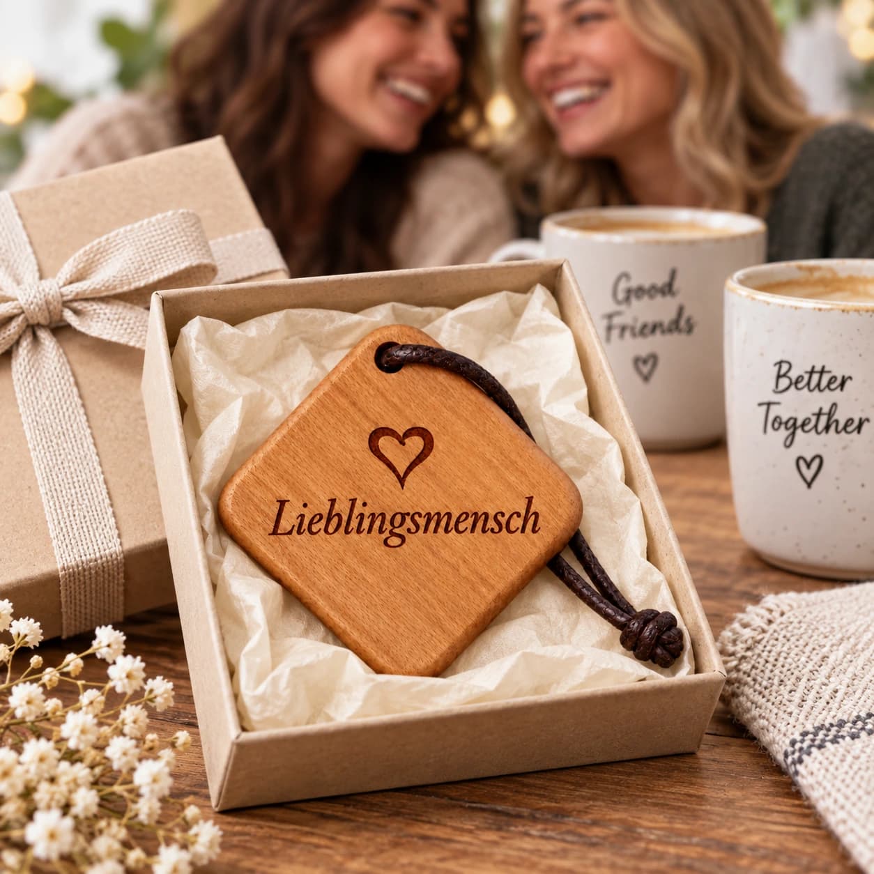 Quadro Holz-Schlüsselanhänger mit Gravur – Lieblingsmensch – Geschenkpräsentation