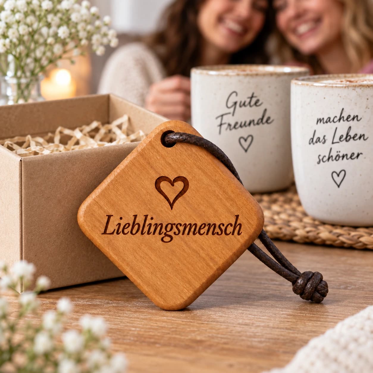 Quadro Holz-Schlüsselanhänger mit Gravur – Lieblingsmensch – Weitere Anlassszene