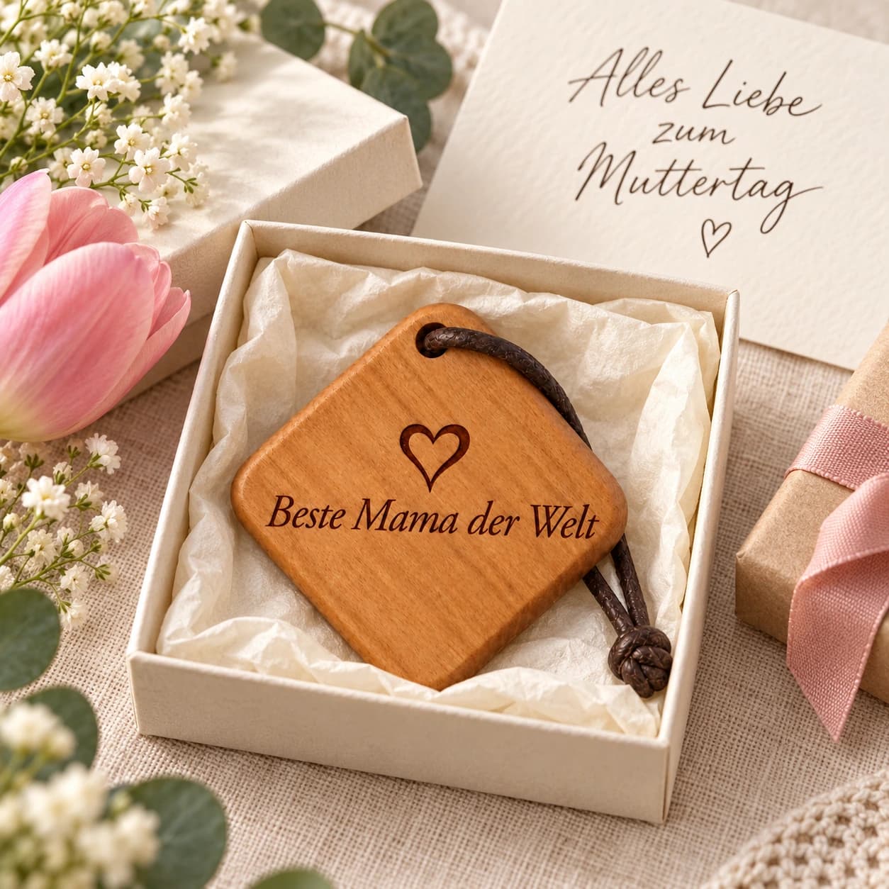 Quadro Holz-Schlüsselanhänger mit Gravur – Für Mama – Geschenkpräsentation