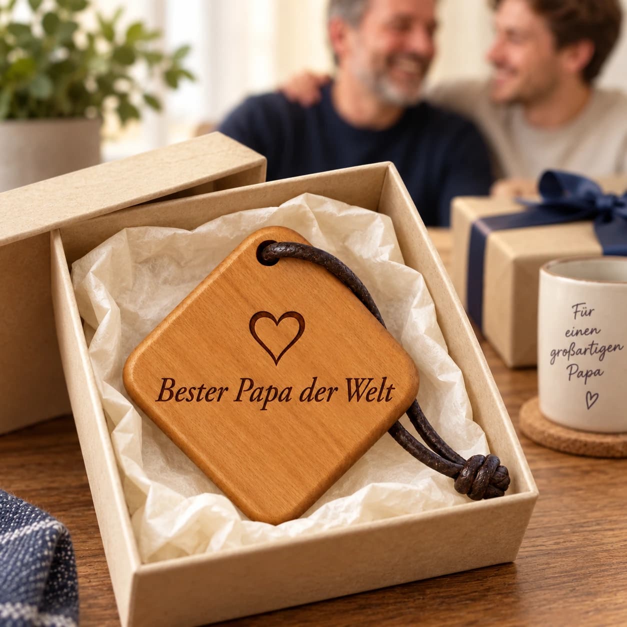 Quadro Holz-Schlüsselanhänger mit Gravur – Für Papa – Geschenkpräsentation