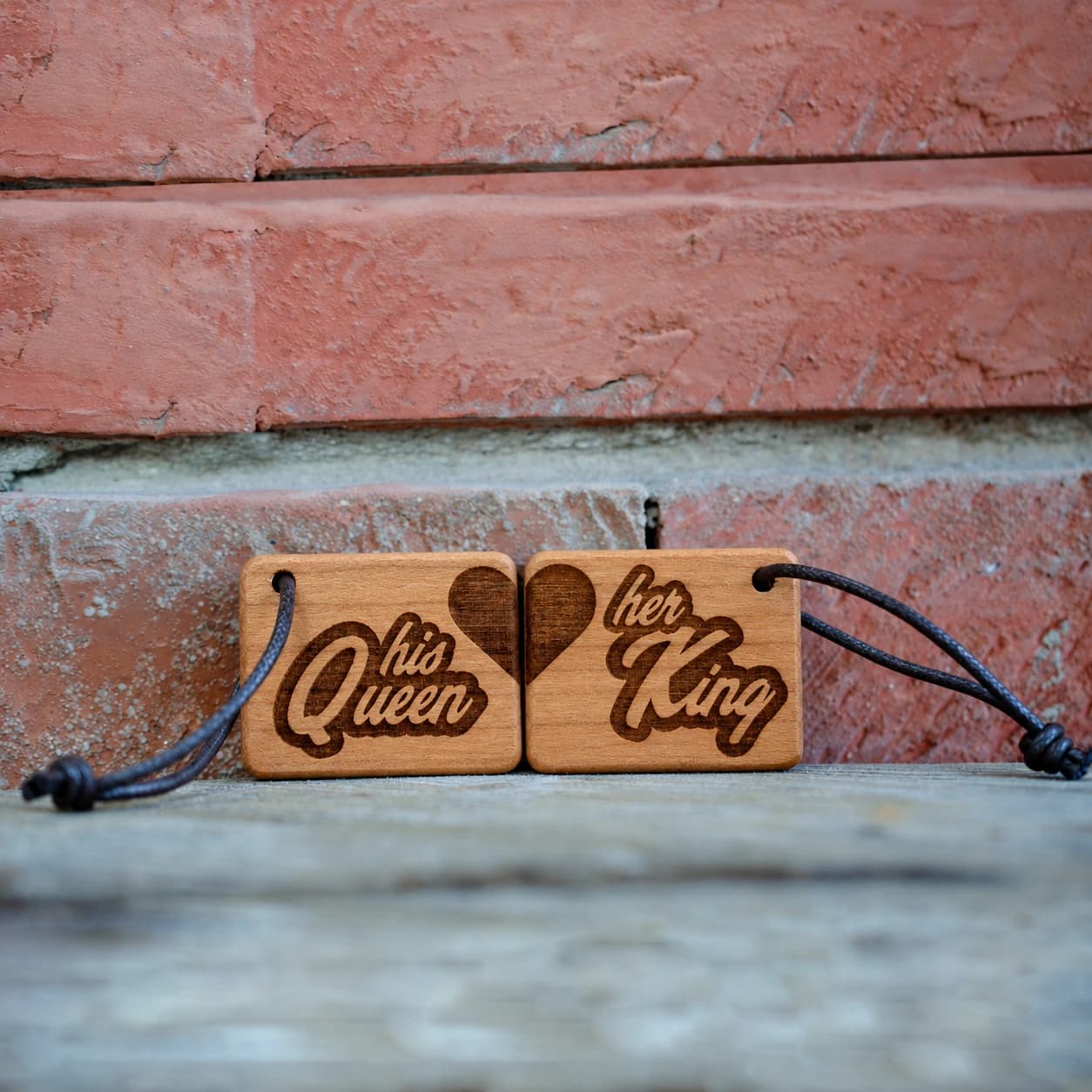 Partneranhänger 2er Set Schlüsselanhänger mit Gravur Holz graviert mit - her Queen/his King – Detailansicht der individuellen Personalisierung