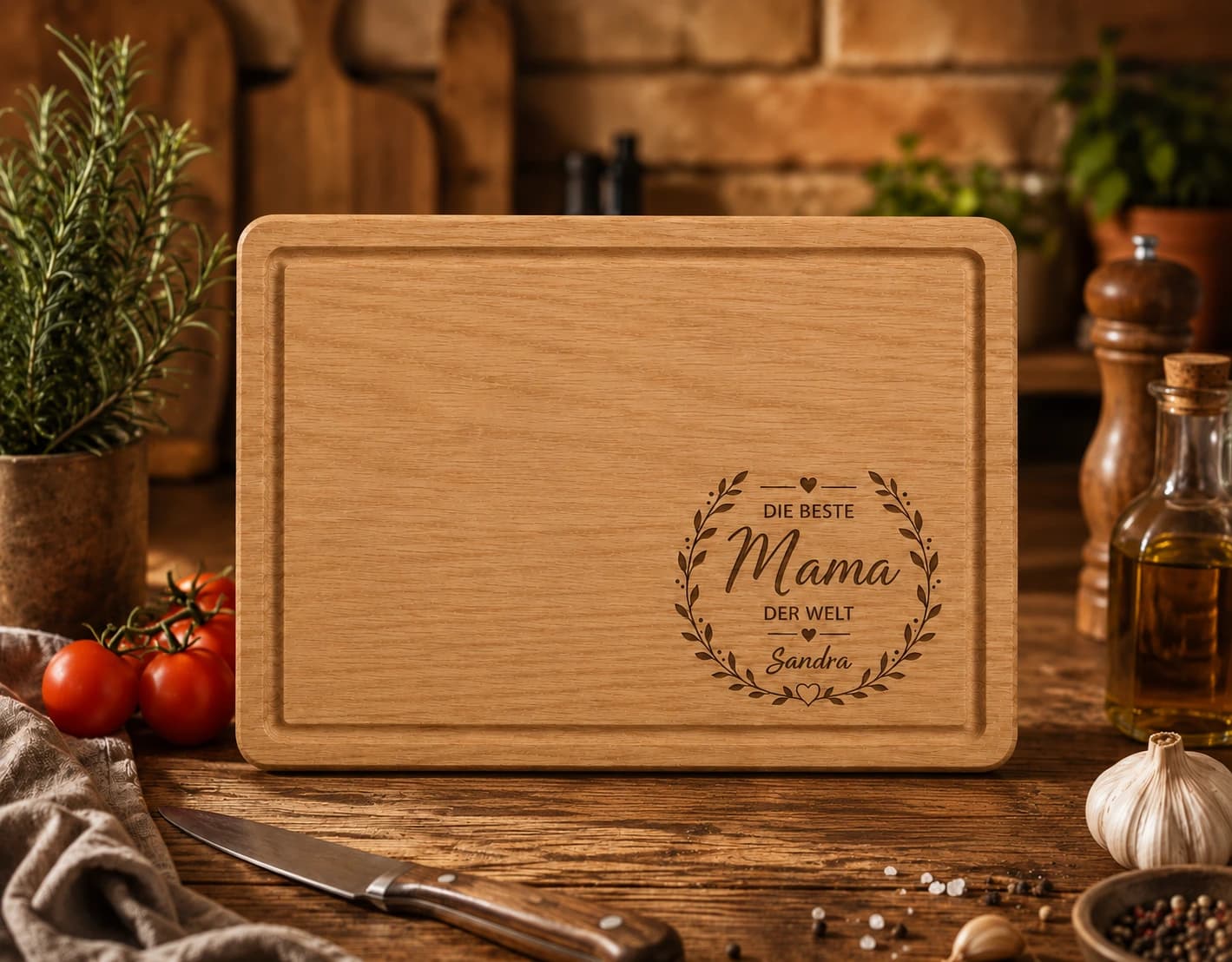 Familien-Glück Holzbrett mit Gravur – Personalisiertes Schneidebrett aus Eiche – Vorderansicht mit sichtbarer Holzmaserung