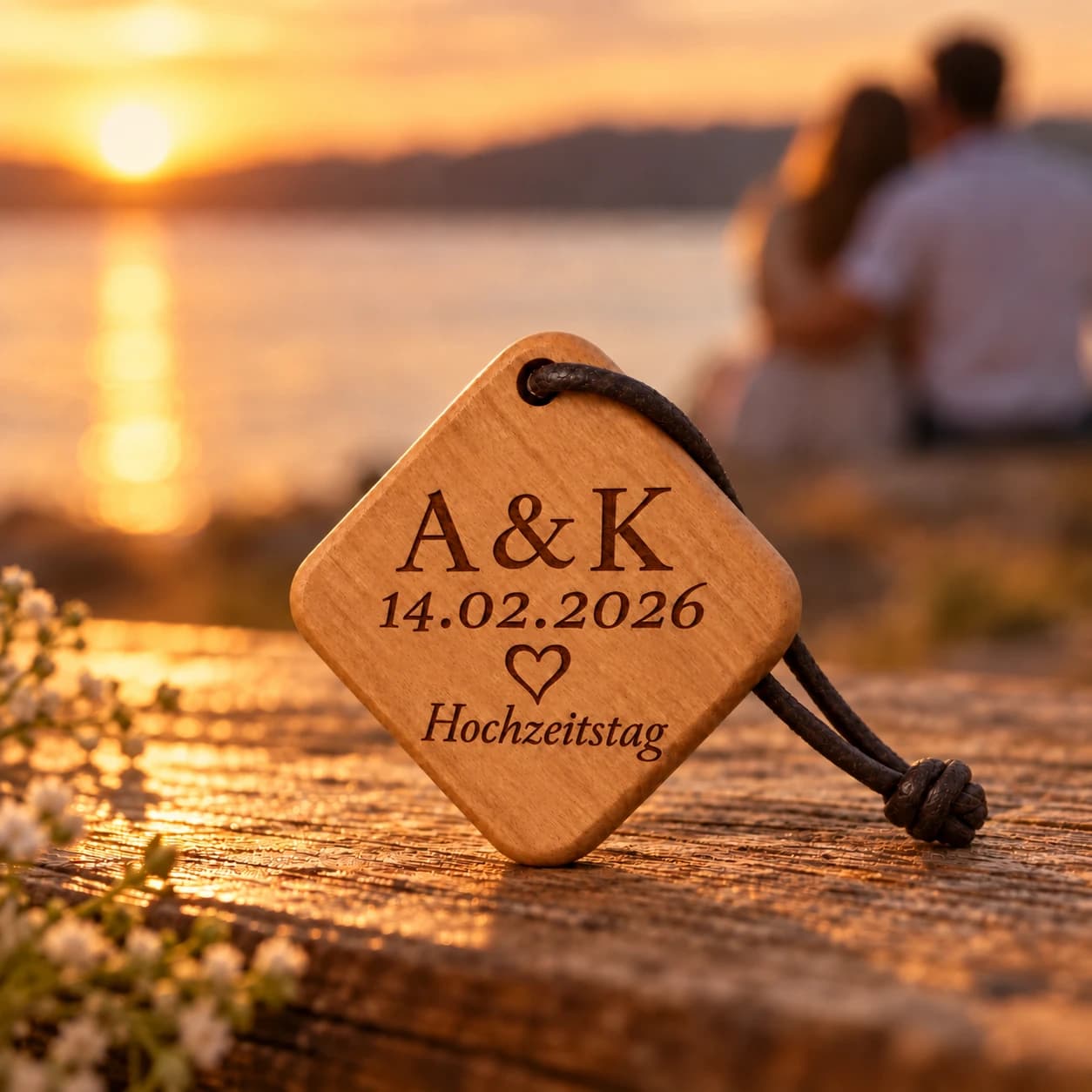 Quadro Holz-Schlüsselanhänger mit Gravur – Zum Hochzeitstag – Anlassszene