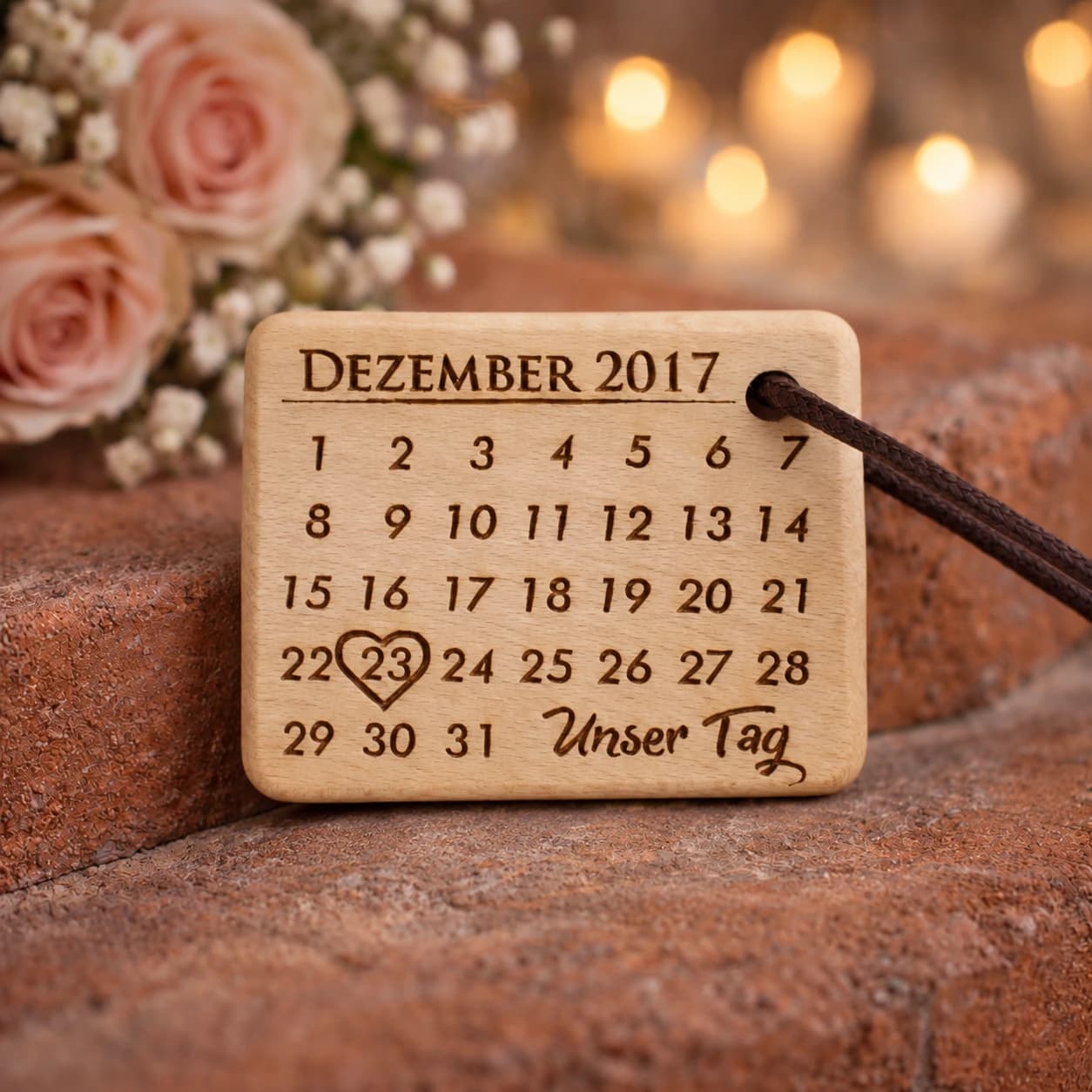 Kalender Holz Schlüsselanhänger Gravur AHORN – Vorderansicht mit sichtbarer Holzmaserung