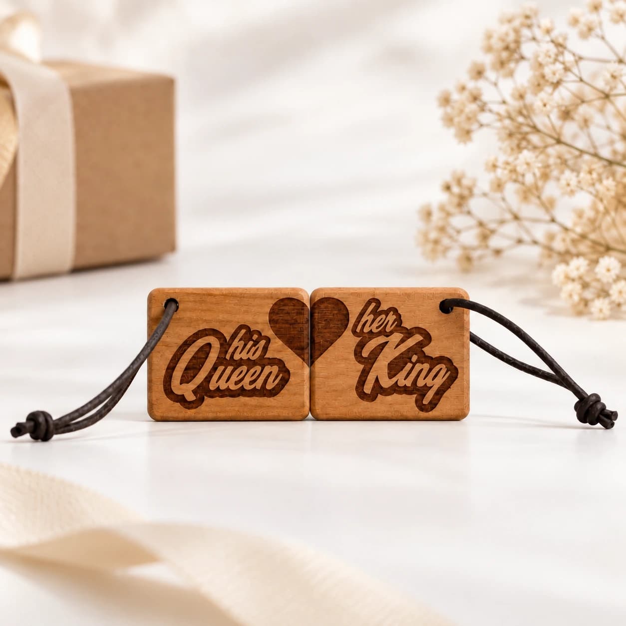Partneranhänger 2er Set Schlüsselanhänger mit Gravur Holz graviert mit - her Queen/his King – Vorderansicht mit sichtbarer Holzmaserung