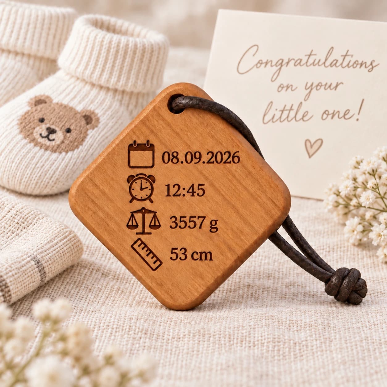 Quadro Holz-Schlüsselanhänger mit Gravur – Geburtsdaten – Anlassszene