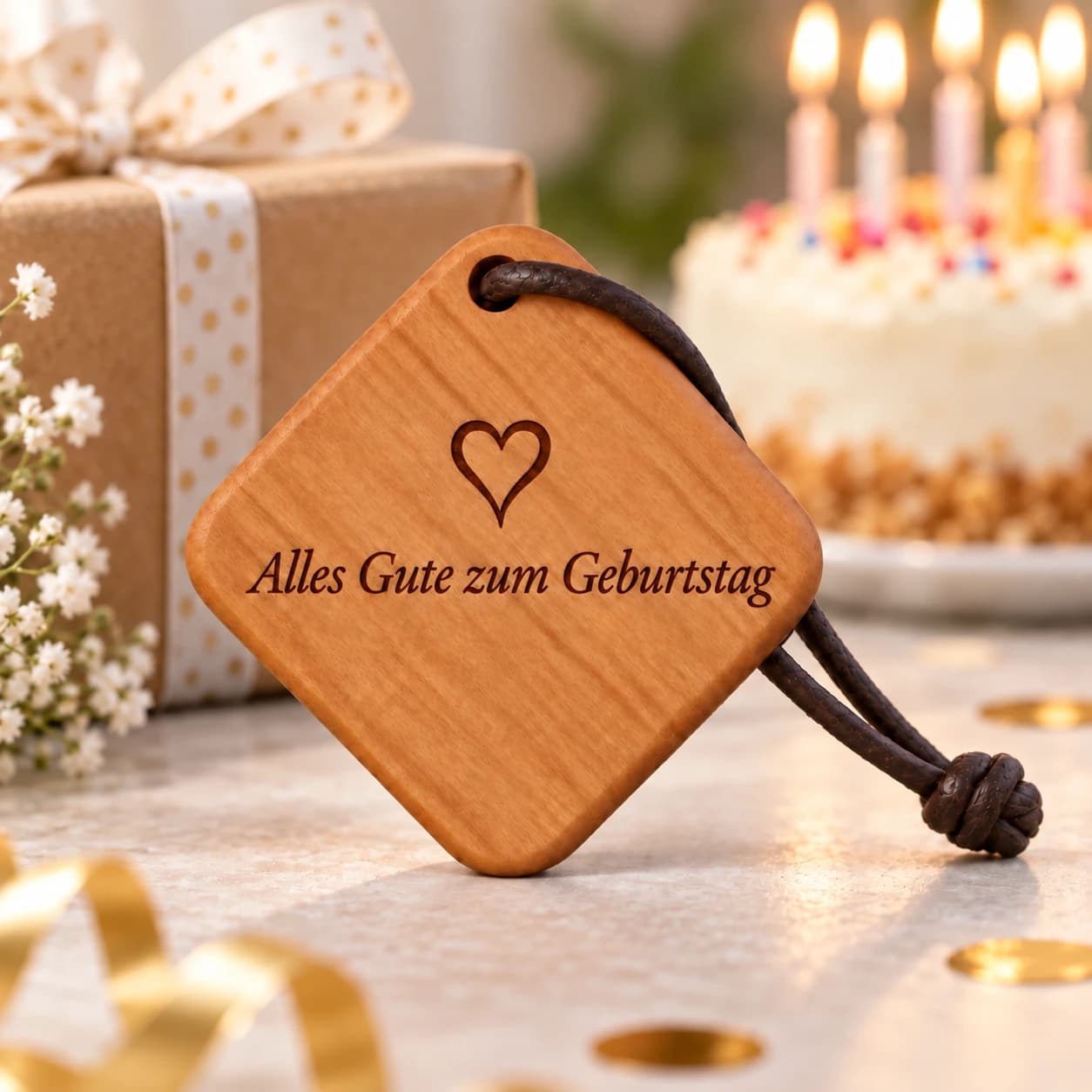Quadro Holz-Schlüsselanhänger mit Gravur – Zum Geburtstag – Anlassszene