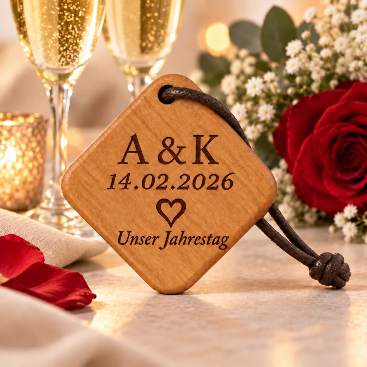Quadro Holz-Schlüsselanhänger mit Gravur – Zum Jahrestag – Anlassszene