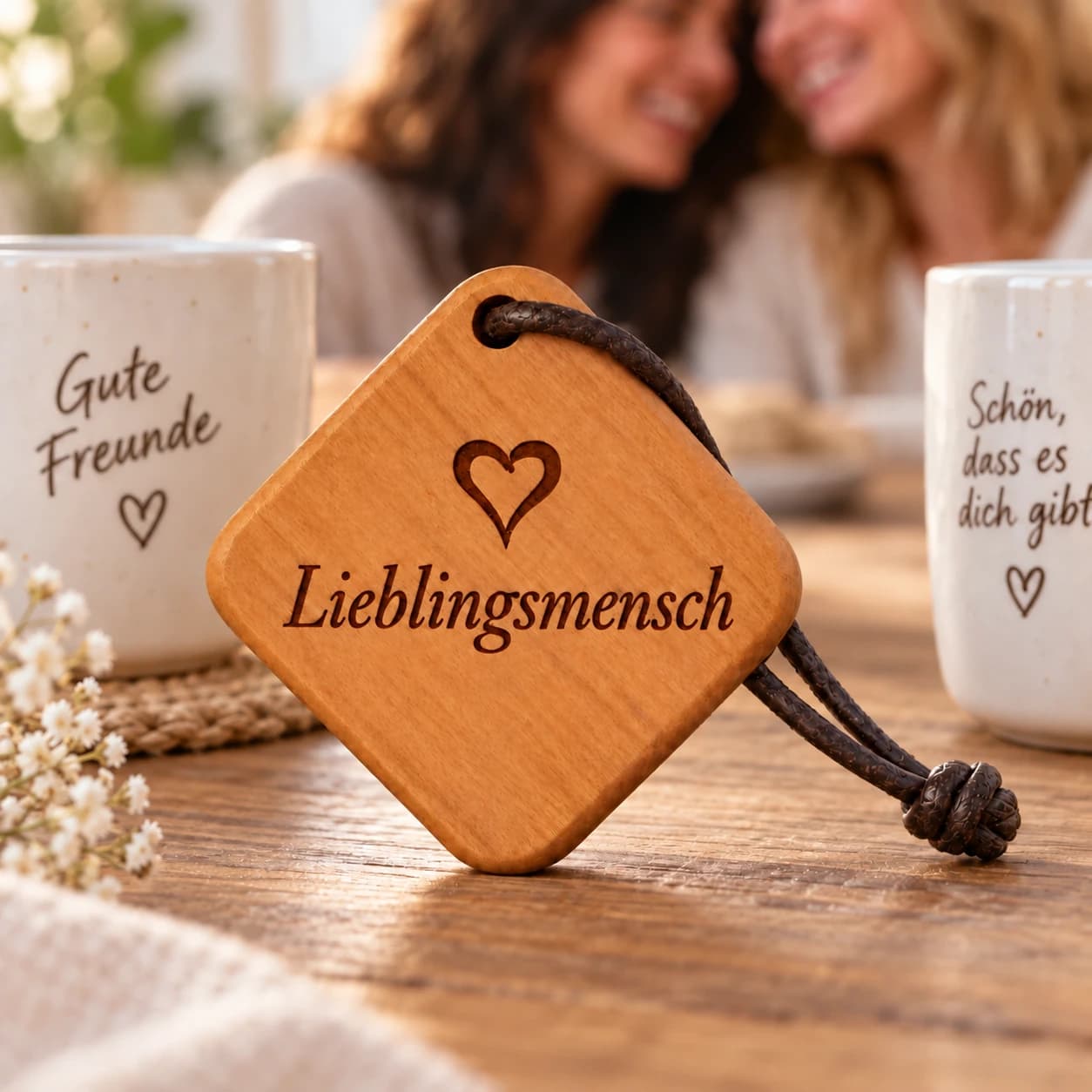 Quadro Holz-Schlüsselanhänger mit Gravur – Lieblingsmensch – Anlassszene